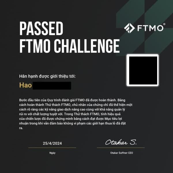 Nhaotrading Passed FTMO Challenge Certificate 25/04/2024