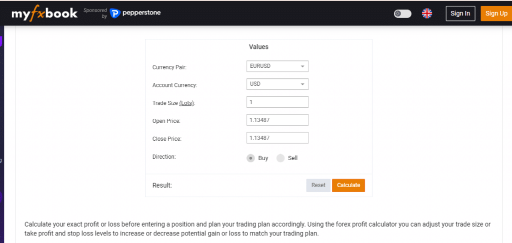 Giao diện công cụ tính lợi nhuận forex của myfxbook