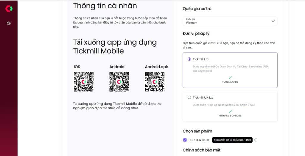 Giao diện trang đăng kí tài khoản Tickmill