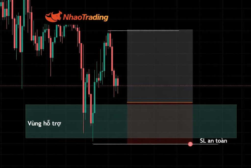 Lệnh BUY có điểm Entry, vùng Hỗ trợ, khoảng đệm Spread và điểm đặt SL an toàn ở dưới cùng tránh giá quyét râu