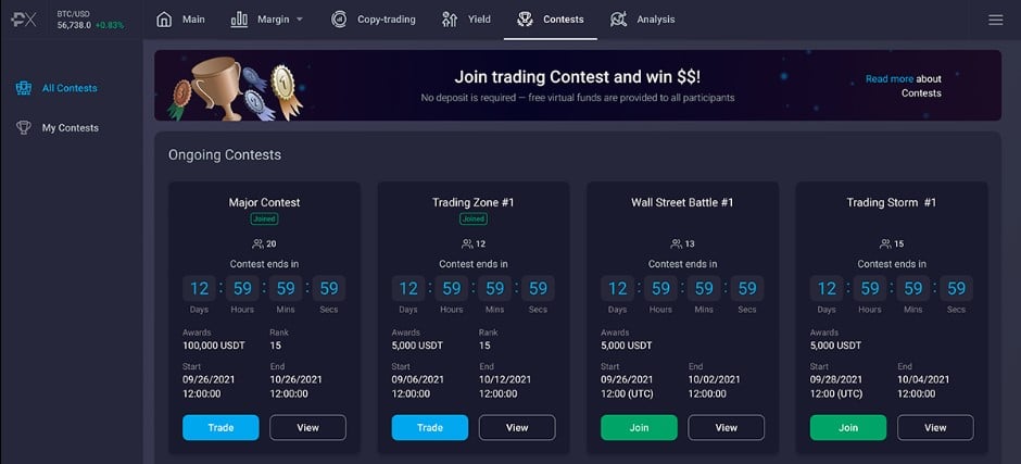 Bảng điều khiển PrimeXBT Trading Contest
