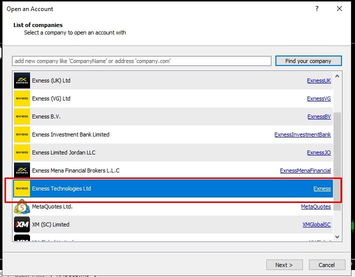 Chọn Exness rồi bấm next