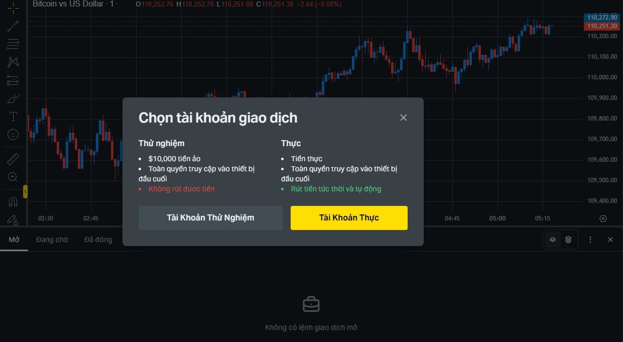 Exness sẽ yêu cầu muốn thử tài khoản Demo hay vào thẳng tài khoản Thực