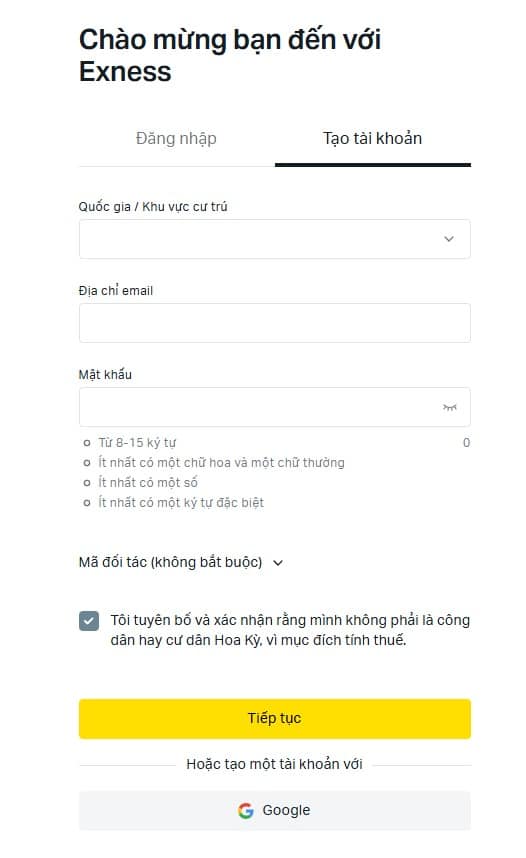 Giao diện đăng ký của Exness với các ô Quốc gia, Email, Mật khẩu