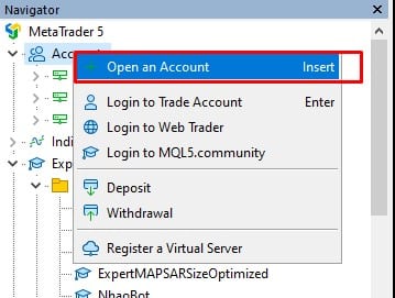 Chuột phải vào account rồi nhấn Open a Account