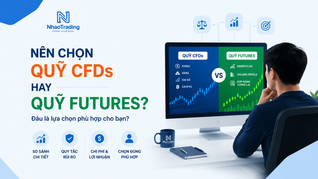 trader đang xem xét lựa chọn giữa quỹ CFDs và quỹ Futures trên máy tính